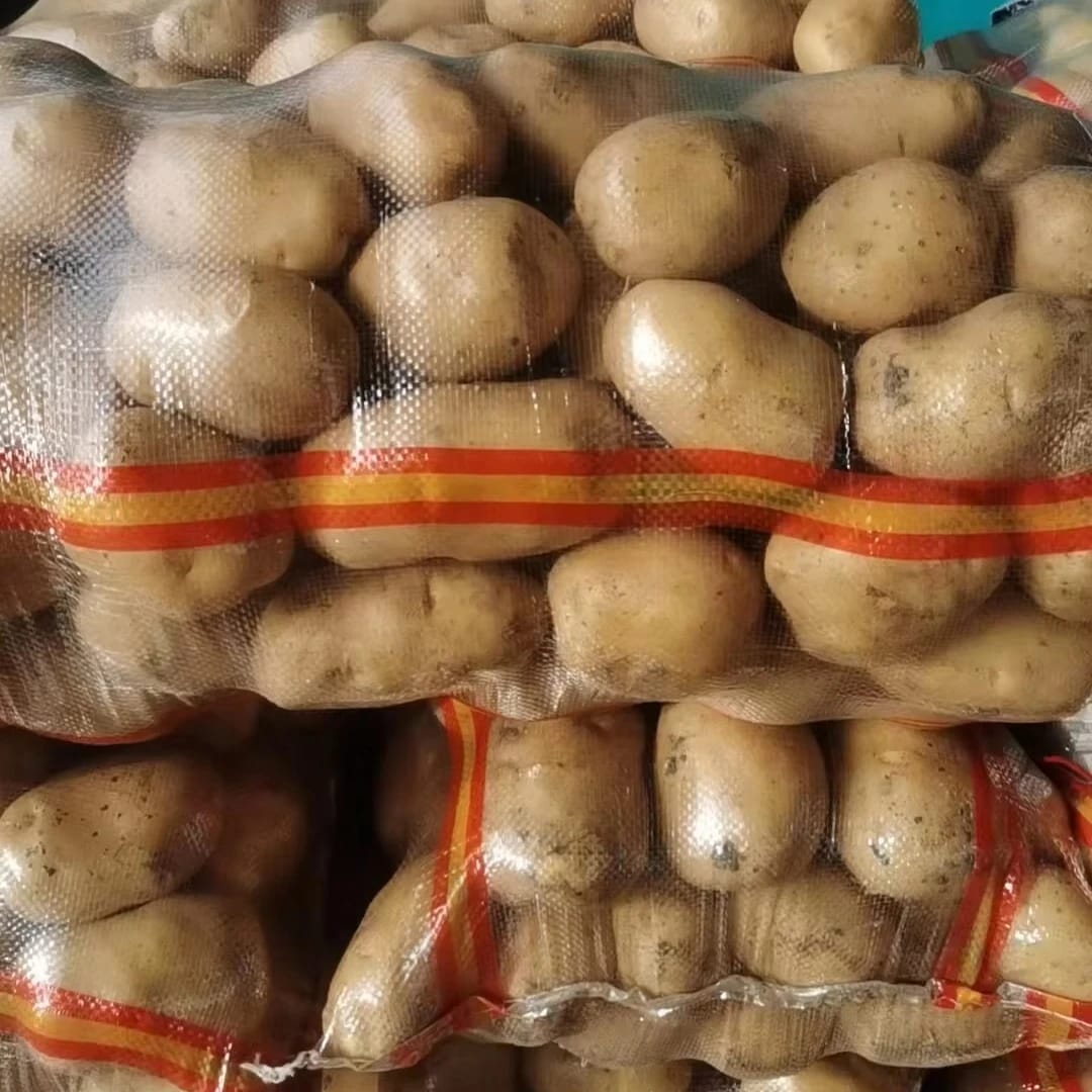 Potatoes in clear striped bags